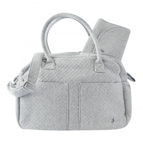 grey and white diaper bag